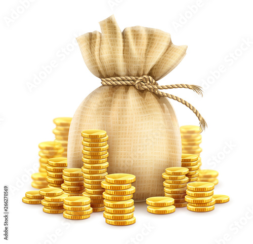 Full sack of cash money corded with rope and heaps of gold coins. Banking concept financial realistic icon of moneybag. Isolated on white transparent background. Gradient mesh used. Illustration.