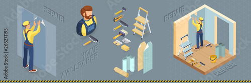 Worker glues wallpaper on the wall. Vector illustration.