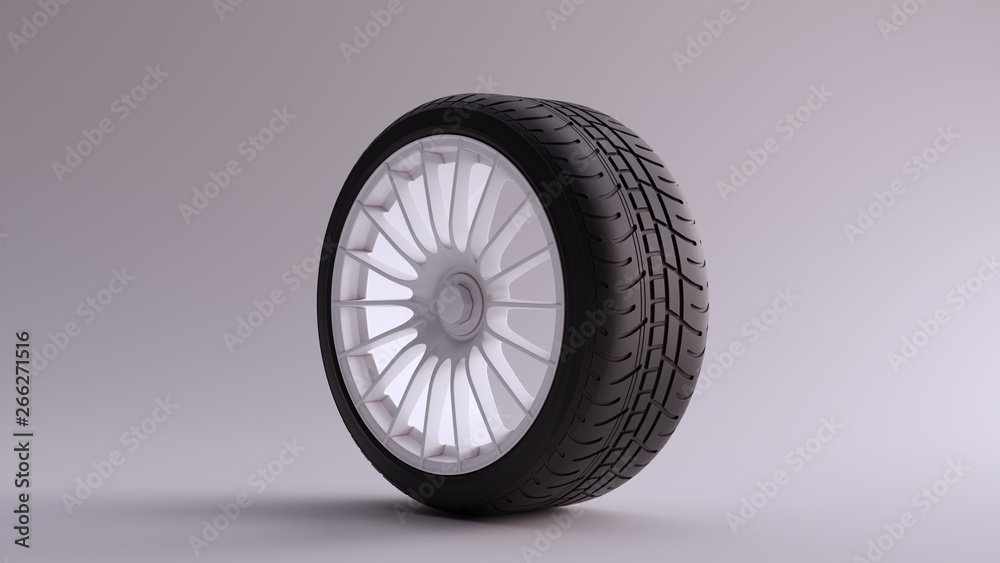 Fototapeta premium White Alloy Rim Wheel 18 Thin Spokes Open Wheel Design with Racing Tyre 3d illustration 3d render