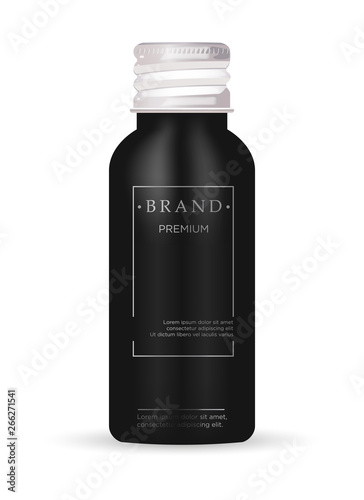 Realistic essential oil black bottle.  Mock up bottle cosmetic or medical vial,  flask, flacon 3d illustration for your design.