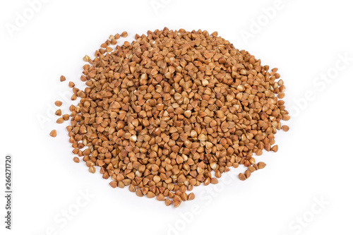 Pile of uncooked pre-steamed buckwheat groats on white background