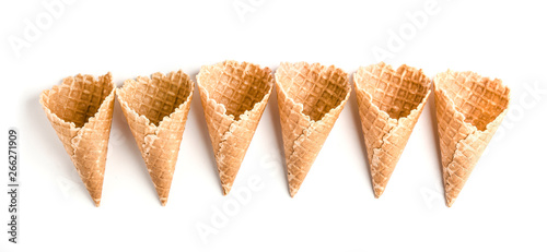 Crunchy wafer cones on white background