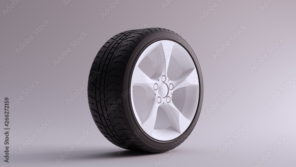 Obraz premium White Alloy Rim Wheel 5 Medium Flared Spokes Open Wheel Design with Racing Tyre 3d illustration 3d render