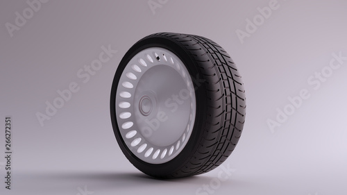 White Alloy Rim Wheel with a Closed Retro Wheel Design with Racing Tyre 3d illustration 3d render