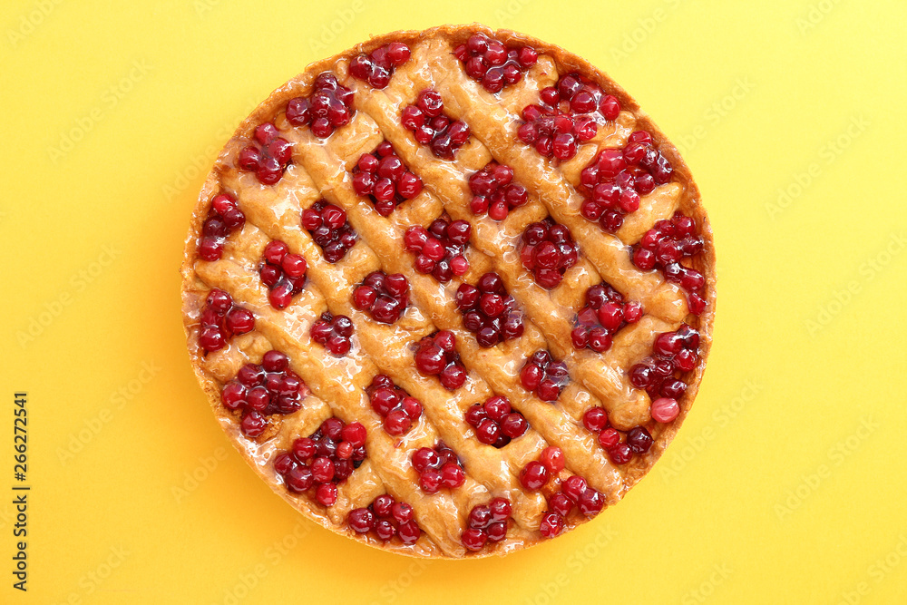 Tasty cranberry pie on color background Tasty cranberry pie on color background