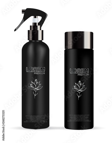  Set of realistic black package cosmetic product:  tube cream, bottle with pump dispenser or spray, shampoo,  gel shower and liquid soap. Vector mockup of isolated on white.