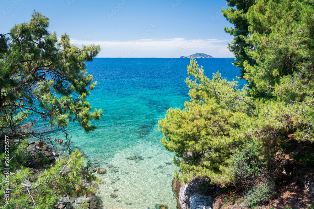 Obraz premium Neos Marmaras, Halkidiki, Greece - June 29, 2014: Kalymentos Island Turtle, uninhabited island near the peninsula of Chalkidiki