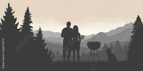 bbq time couple with dog and kettle barbecue in forest and mountain view vector illustration EPS10