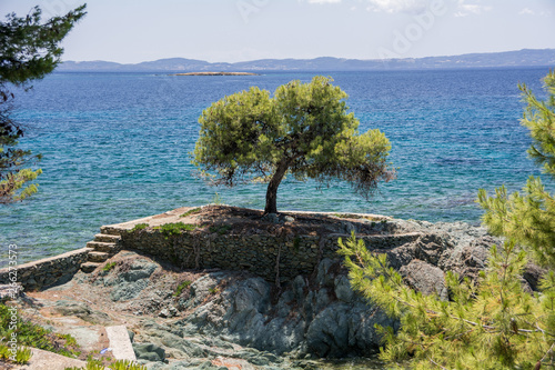 Sithonia, Chalkidiki, Greece - June 29, 2014: Peninsula view of the sea and the beach in clear sunny weather