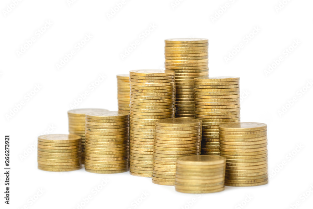 Gold coins stacks isolated on white background. Saving, Coin stack growing business. Investment money concept. Gold coins stacks isolated on white background. Saving, Coin stack growing business. Investment money concept.