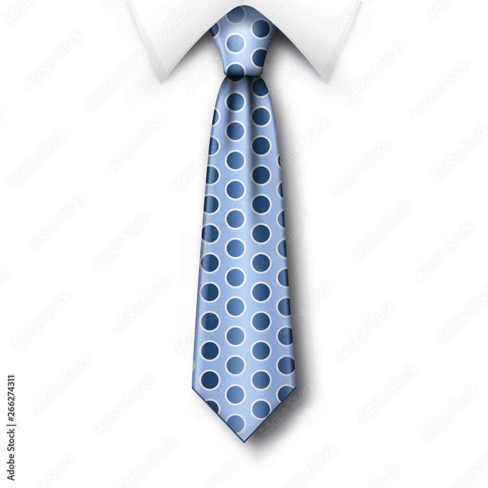 Polka dots tie and white collar with soft shadow on a white background. Template for Fathers Day greeting card with blue polka dots necktie. Realistic vector illustration Polka dots tie and white collar with soft shadow on a white background. Template for Fathers Day greeting card with blue polka dots necktie. Realistic vector illustration