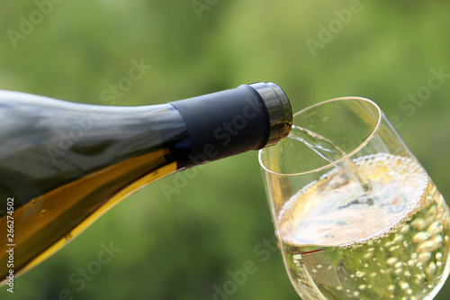 White wine pouring from the bottle into the glass on green nature blurred background. Concept of celebration, party, wine drinking outdoors, champagne tasting at winery photo