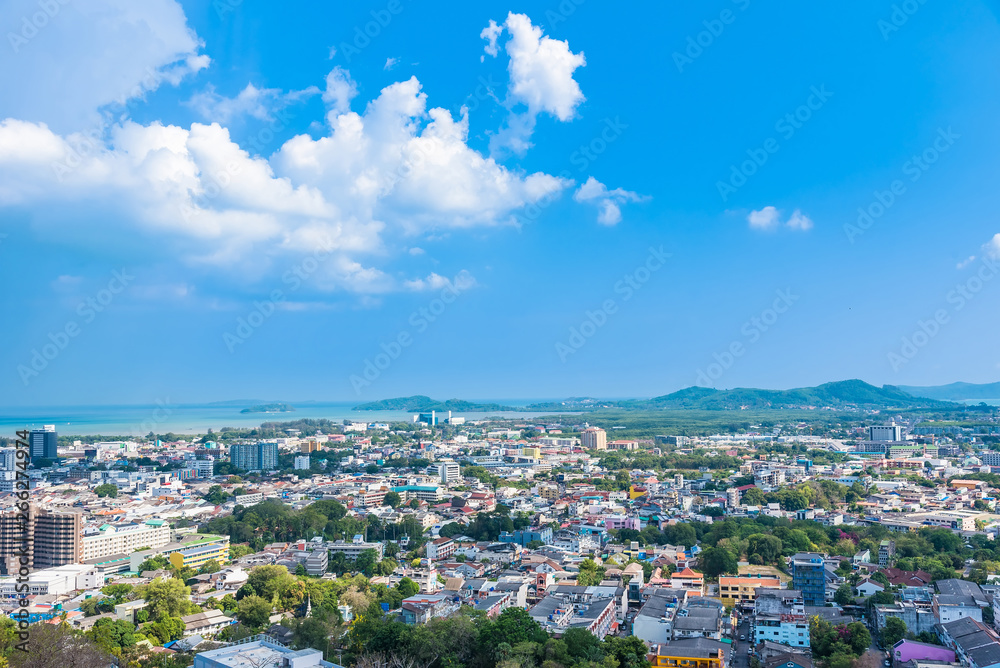 Panoramic view landscape and cityscape of Phuket City at Rang Hill in Phuket, Thailand.