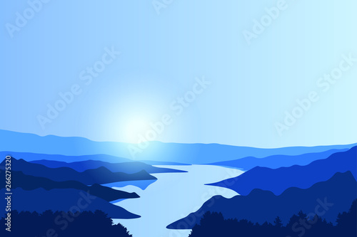Landscape of the river flowing between hills and mountains. Background of nature, a sun, a sky and a forest.