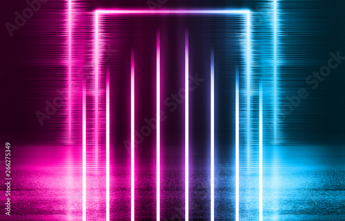 Empty background scene. Dark street, reflection of blue and pink neon light on wet pavement. Neon shapes. Rays of light in the dark, smoke. Abstract dark background.