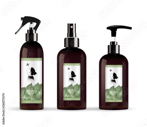  Realistic brown bottle for cosmetic cream container.  Spray bottle. Tube for ointment, lotion, balsam. Mock up bottle.  Liquid soap pump bottle. Balsam, with design label.  with green leaves label. E