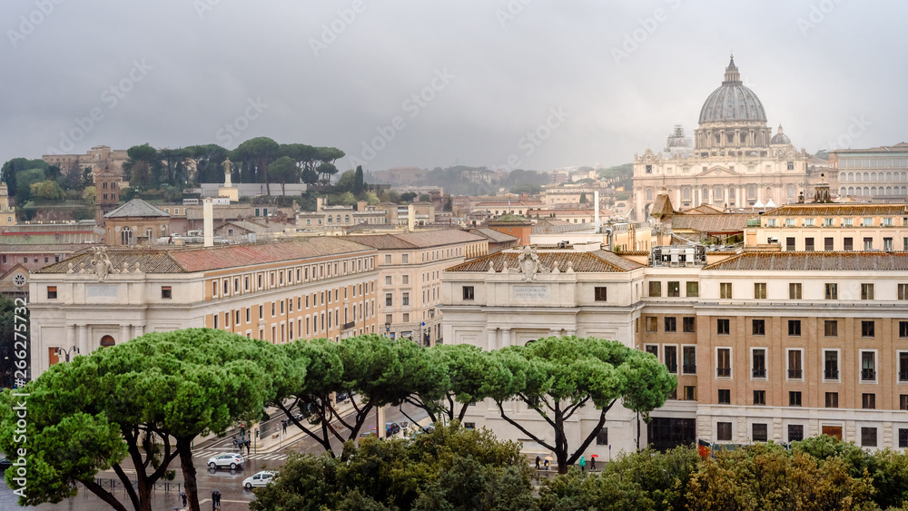 Rome, Italy, Panorama of Rome and view at St. Peter's Basilica, Vatican, view from Angel Castle, Castel Sant'Angelo.