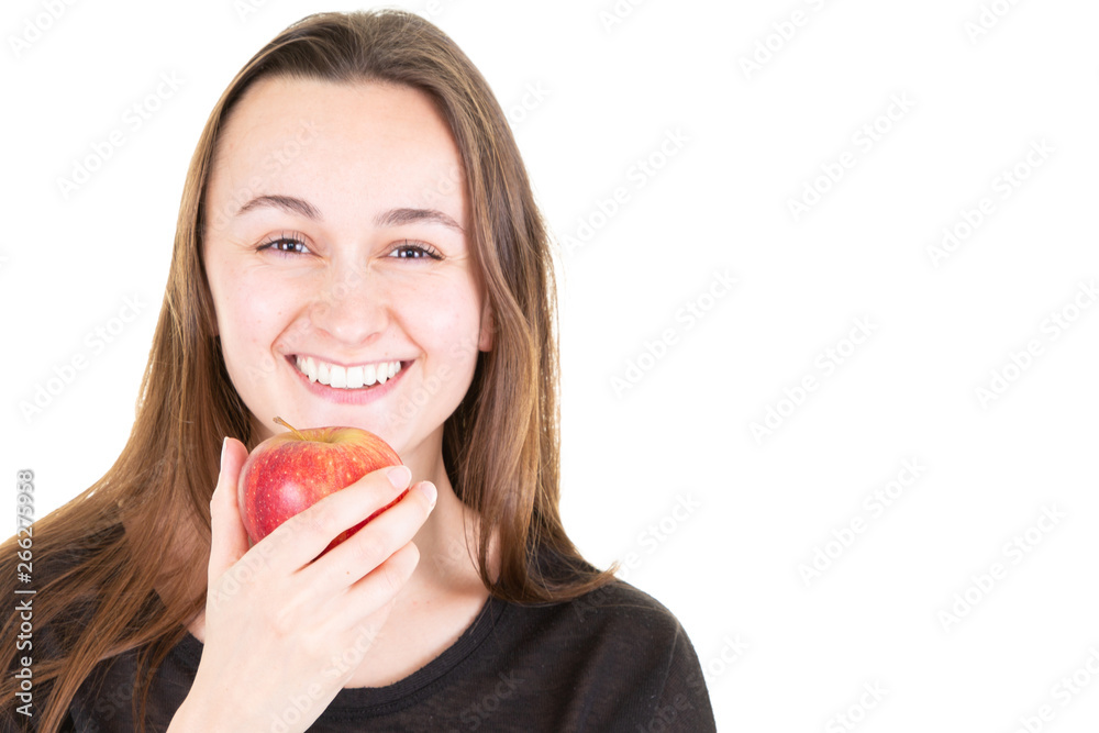 Happy young woman smile with red apple on white copy space background Happy young woman smile with red apple on white copy space background