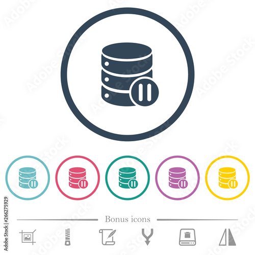 Database macro pause flat color icons in round outlines
