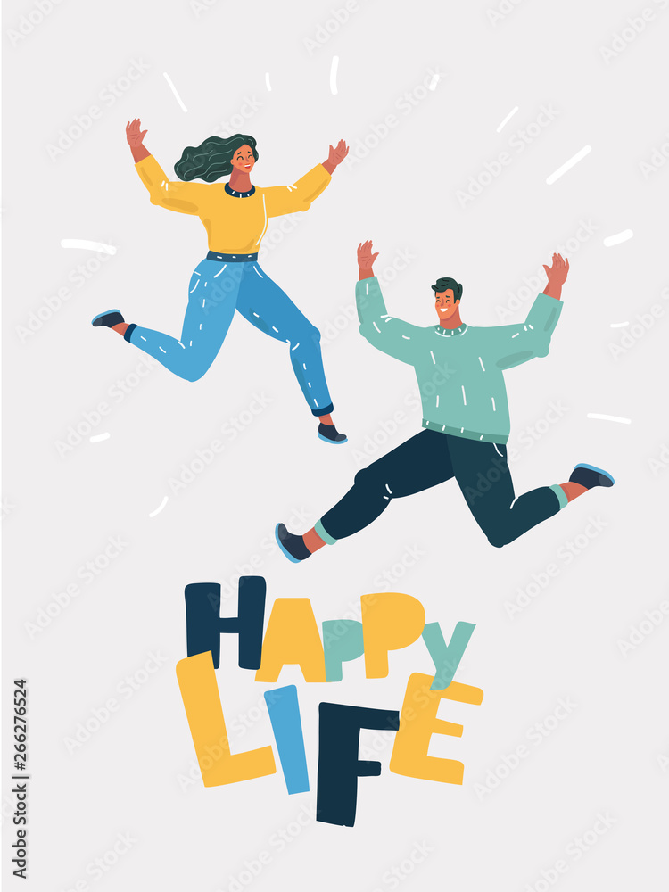 Cheery young couple jumping together Cheery young couple jumping together