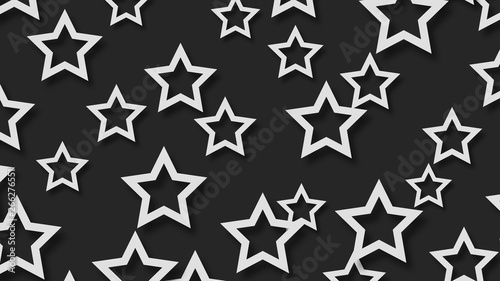 Abstract illustration of randomly arranged white stars with soft shadows on black background