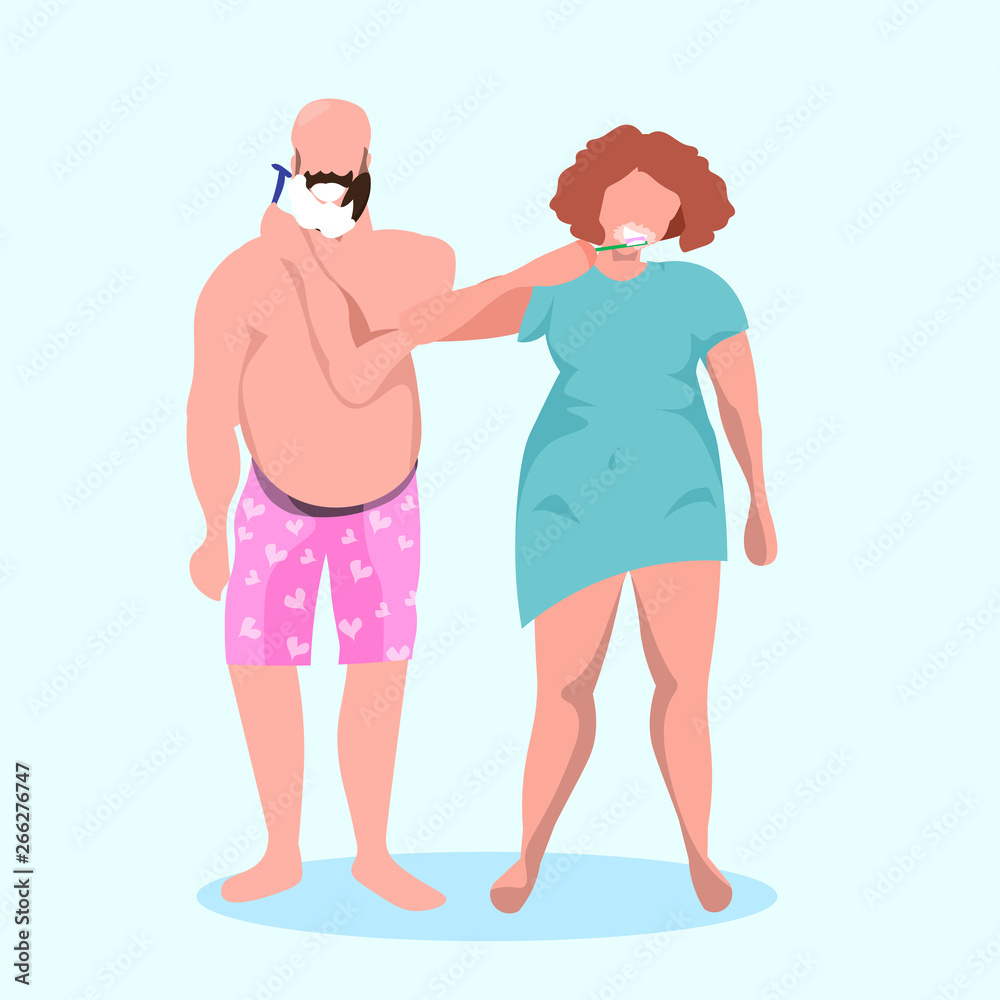 man shaving his beard woman brushing teeth couple preparing together for new coming day in morning female male cartoon characters full length flat man shaving his beard woman brushing teeth couple preparing together for new coming day in morning female male cartoon characters full length flat
