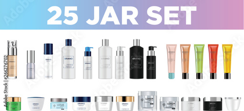  Set vector blank templates empty and clean multicolor plastic and glass containers:  bottles with spray, dispenser and dropper, cream jar, tube.  Realistic mockup of cosmetic package. #5.