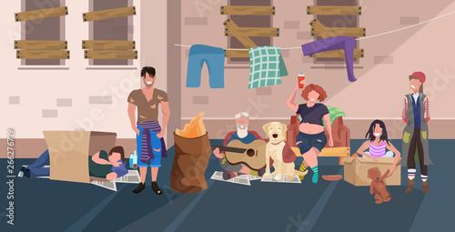 beggars people group relaxing laying down and sleeping together on street homeless jobless concept flat full length horizontal