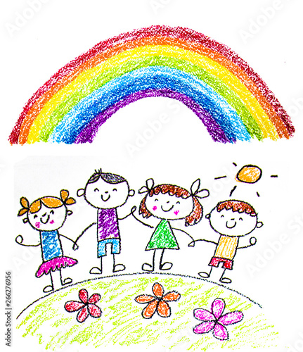 Kids drawing image. Little children, boys and girls. School, kindergarten illustration. Play and grow. Teacher with students.