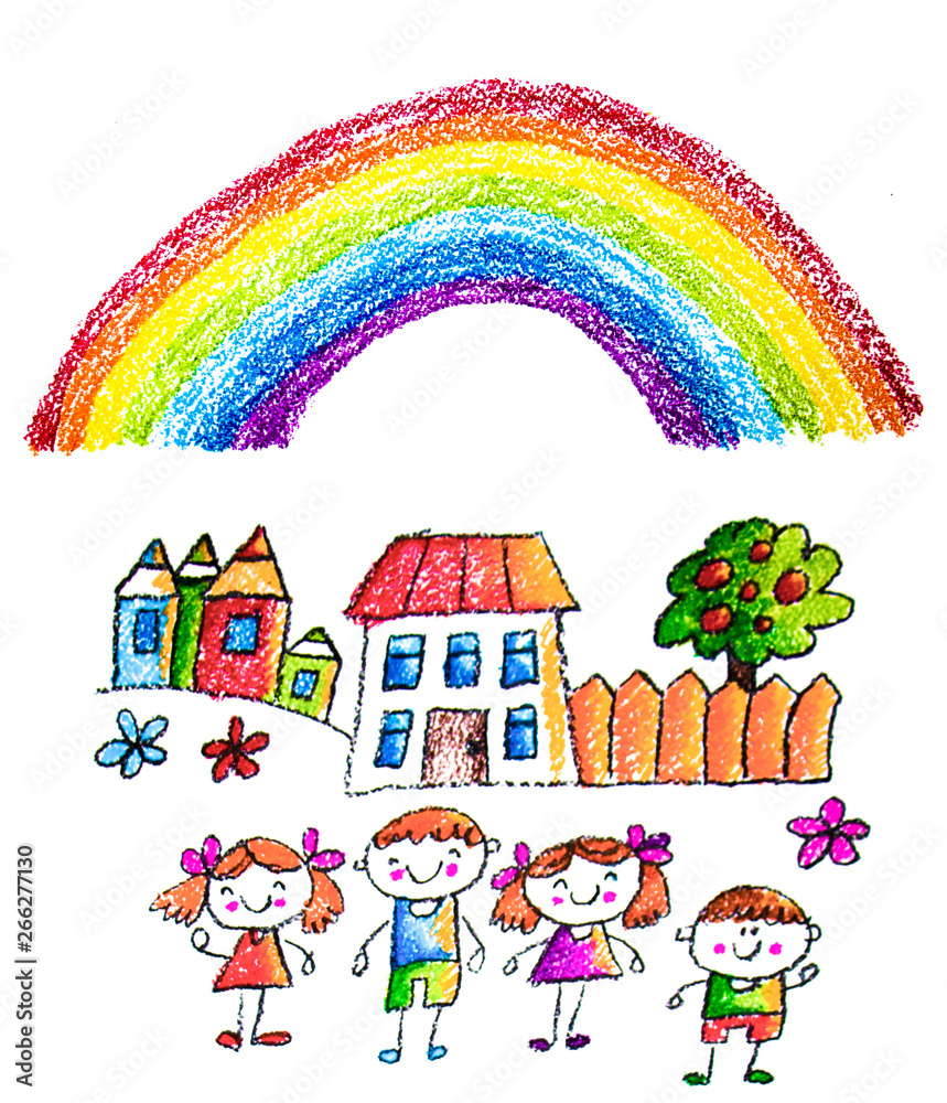 Obraz premium Kids drawing image. Little children, boys and girls. School, kindergarten illustration. Play and grow. Teacher with students.