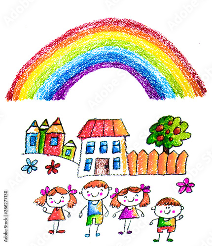 Kids drawing image. Little children, boys and girls. School, kindergarten illustration. Play and grow. Teacher with students.