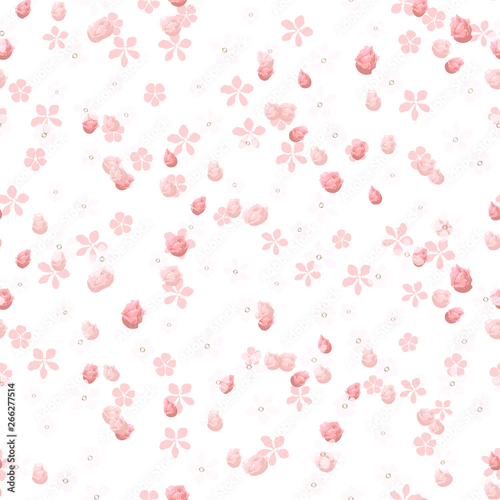 Beautiful floral vector seamless pattern. Pink roses buds and small flowers on white background. Template for textile, wallpaper, print, carton, banner, ceramic tile, card.