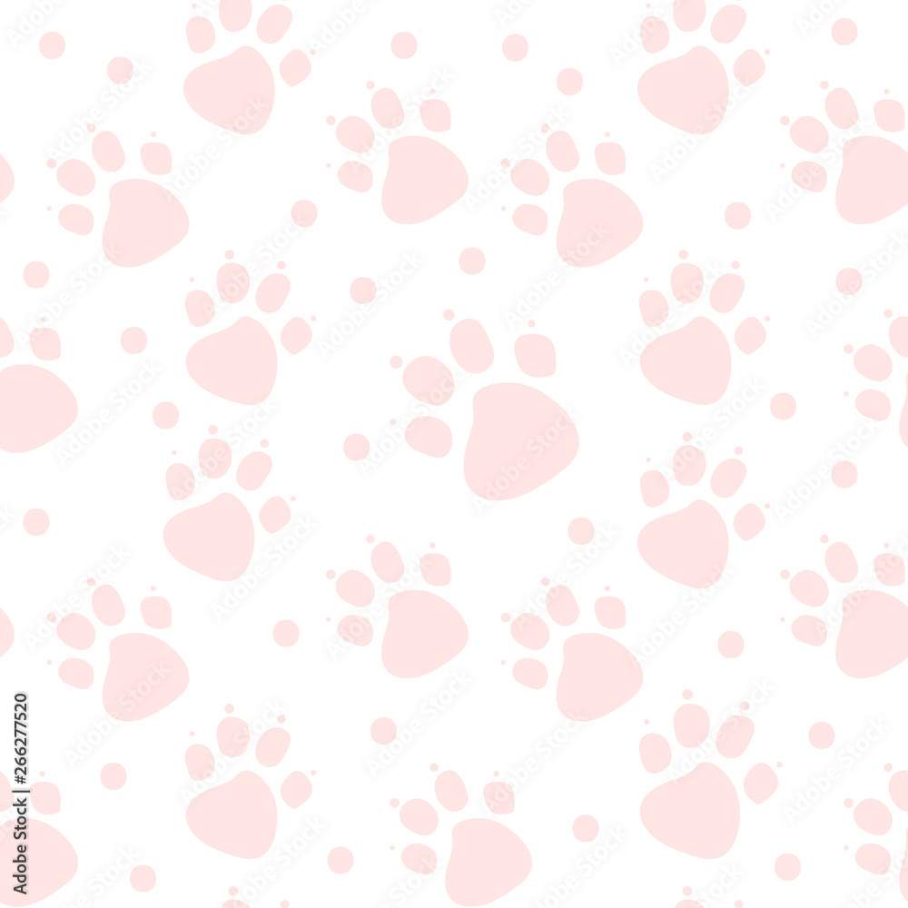 Animal childish vector seamless pattern. Abstract pink cat footprint on white background. Template for design, textile, wallpaper, wrapping, cover, carton, print, banner.