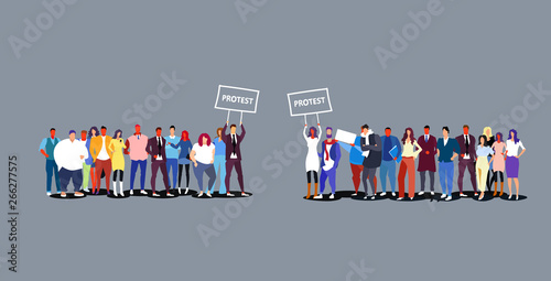 two groups of businesspeople holding protest placard signboard business people crowd standing together demonstration concept sketch doodle horizontal full length
