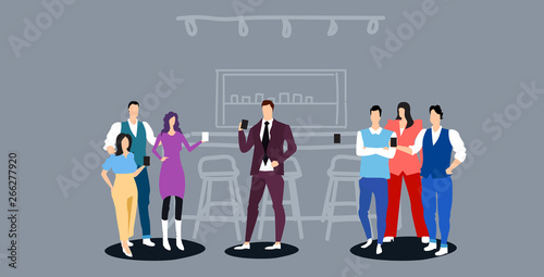 people group having break drinking and discussing together coffee point concept businesspeople holding hot drinks modern cafe interior full length sketch horizontal