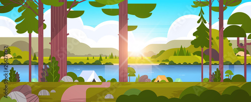 tents camping area in forest summer camp concept sunny day sunrise landscape nature background with water mountains and hills flat horizontal