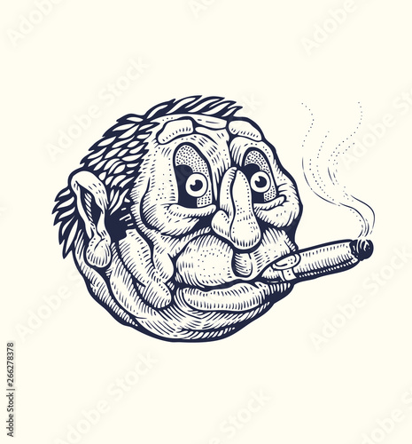 Elderly round emoticon with a big cigar in his mouth. Drawing Style. Vector illustration.