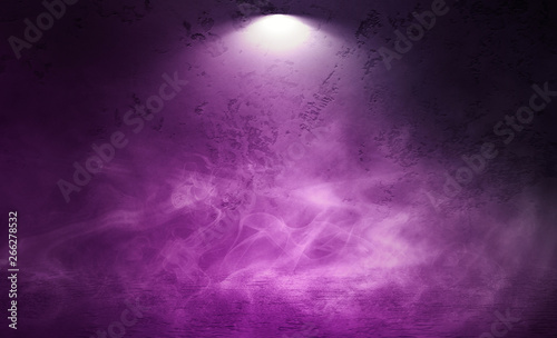 Empty scene background. Background of the old wall, neon spotlight, fog. Dark magenta abstract background