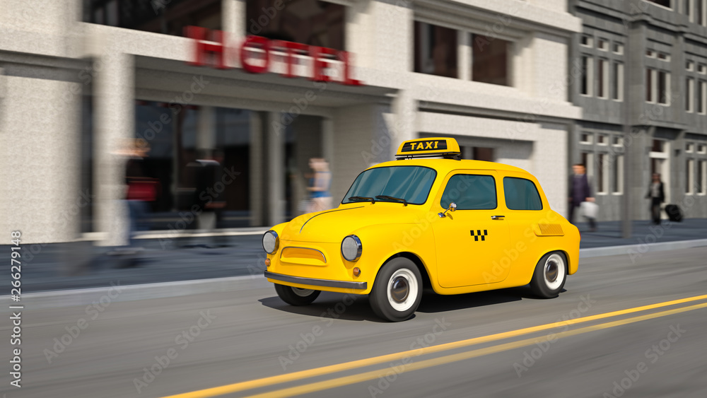 3d illustration of yellow taxi car on city street in motion. 3d illustration of yellow taxi car on city street in motion.