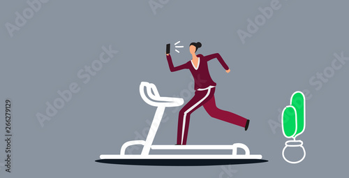 sportswoman running on treadmill girl using phone taking selfie on smartphone camera social media network healthy lifestyle concept sketch doodle horizontal