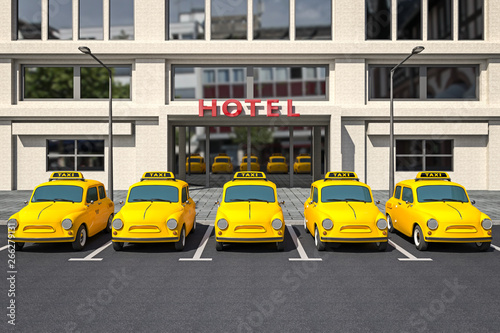 3d illustration of yellow taxi cars parked along the city street.