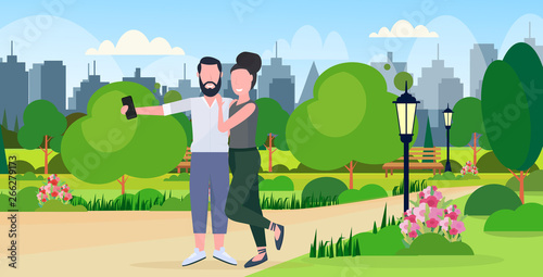 man woman couple taking selfie photo on smartphone camera male female cartoon characters embracing outdoor city urban park cityscape background flat full length horizontal