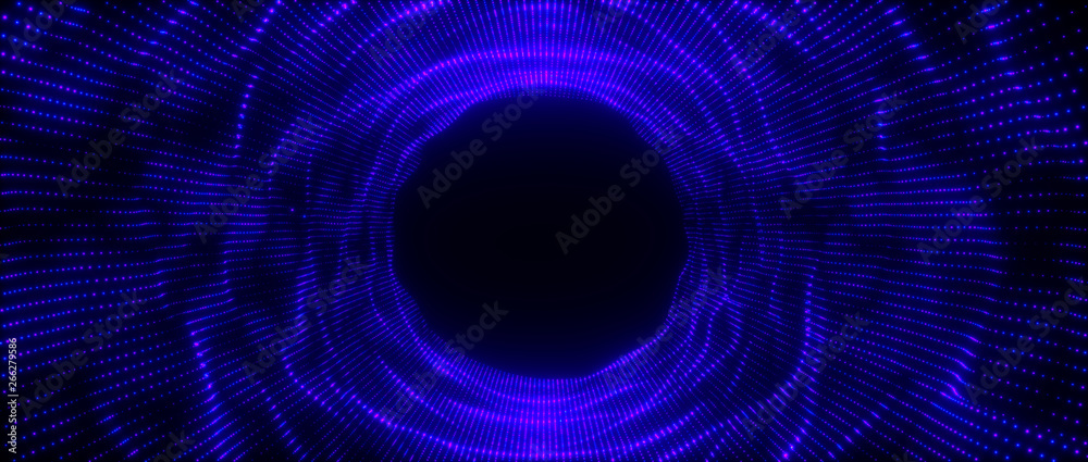 Fototapeta premium Abstract big data futuristic light wallpaper background design. Science dark pattern with structure mesh and circles. Modern business space dots illustration with bokeh. 3D render
