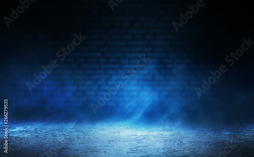 Empty scene background. Background of blurred old brick wall, neon spotlight, fog