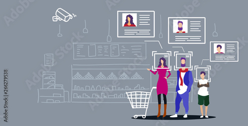 family with groceries in shopping trolley cart customer identification facial recognition concept grocery shop interior security camera surveillance cctv system horizontal sketch doodle