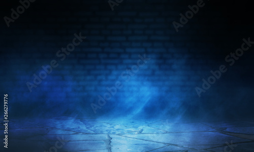 Empty scene background. Background of blurred old brick wall, neon spotlight, fog © Laura Сrazy