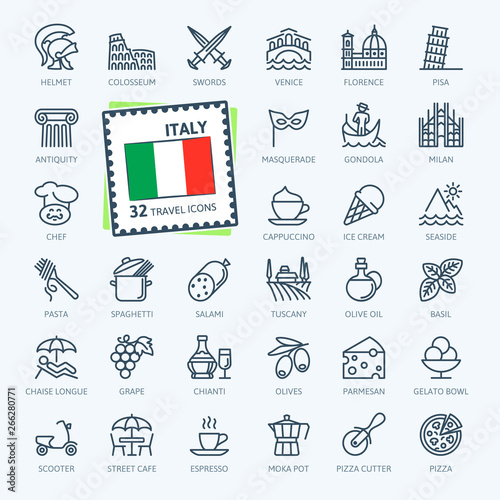Italy, Italian - minimal thin line web icon set.  Outline icons collection. Travel series. Simple vector illustration.