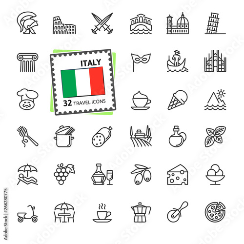 Italy, Italian - minimal thin line web icon set.  Outline icons collection. Travel series. Simple vector illustration.