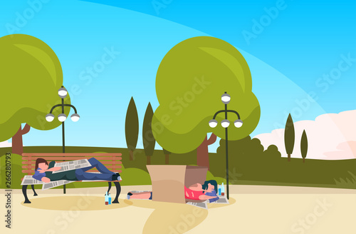 bum man woman sleeping outdoor urban park drunk beggars lying wooden bench cardboard box homeless concept landscape background horizontal full length