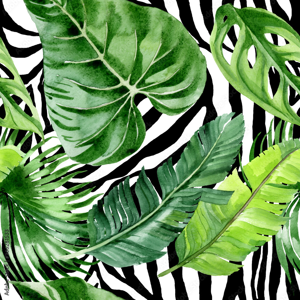 Fototapeta premium Palm beach tree leaves jungle botanical. Watercolor background illustration set. Seamless background pattern.